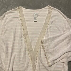 Aria Robe Women Sz‎ L Pink Stripes Floral Sheer Trim Attached Belt Feminine VTG